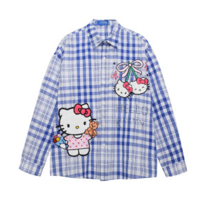 Kitty Cat Cartoon Plaid Long Sleeve Shirt Unisex Autumn Loose Fit All-Match Couple Blouse