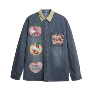 Fun Kitty Cat Cartoon Embroidery Denim Long Sleeve Shirt Unisex Loose  Retro Casual Couple Blouse